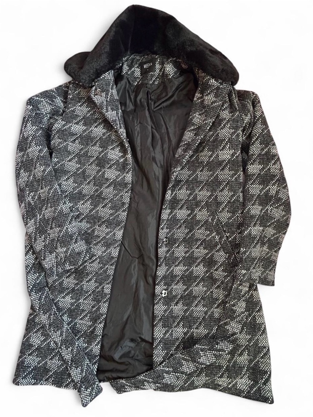 Week& Black White Faux Fur Collar Geometric Coat Jacket Size S
